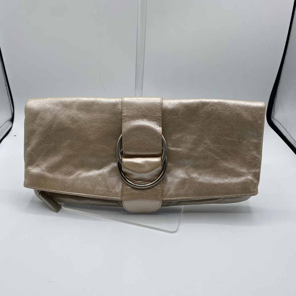 587 HOBO “Madeline” leather foldover clutch metallic gold/silver Preowned